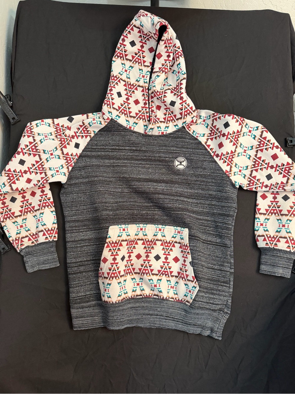 Youth Hooey Gray Hooded Sweatshirt with Red & Teal Aztec Accents